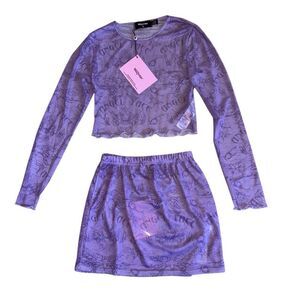 NWT Dolls Kill NGOrder Sheer Printed Crop Top Skirt Set in Purple Size Small UK8
